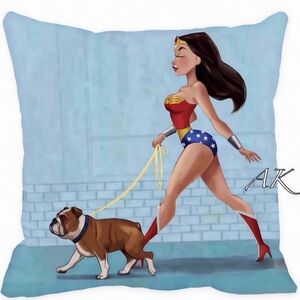Wonder Woman Walking English Bulldog 🐾 Decor Accent Pillow Cover